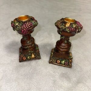 Vtg Antique China Resin And Wood Fruit X Floral Candle Holder Set Of 2